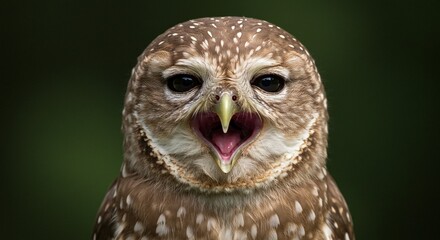 Obraz premium Close-up of an owl with big eyes, its beak open wide, and brown and white spotted feathers against a dark green background.