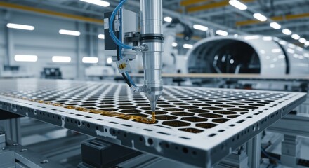 Highprecision adhesive application by robotic tools on honeycomb core structures at an advanced aerospace assembly line.
