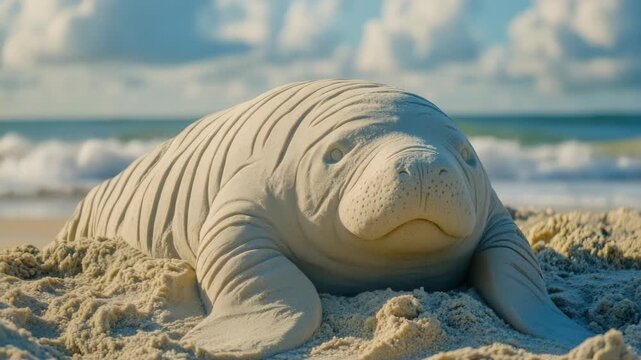 Realistic sand sculpture of marine mammal on beach