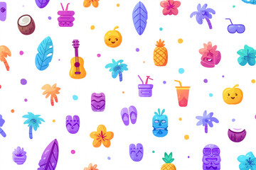 Aloha Surf Tropical Paradise Icons Seamless Pattern with Turquoise Magenta and Orange Gradient Palms and Sunshine
