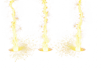 Three yellow liquid streams splashing and spraying isolated on transparent background