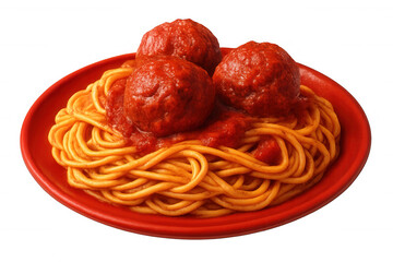 Savory spaghetti meatballs nestled on bright red plate, covered in hearty tomato sauce, representing classic italian culinary tradition against clean transparent background