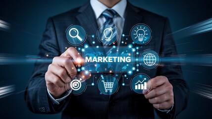 Fototapeta premium Businessman interacting with a glowing digital marketing network of icons representing business strategy and online growth