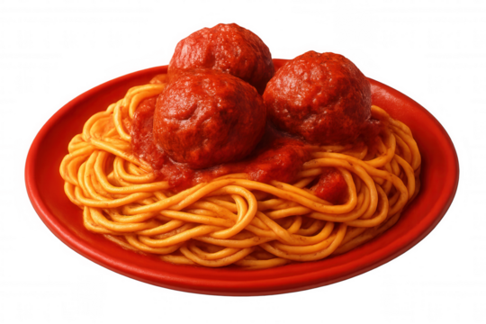Savory spaghetti meatballs nestled on bright red plate, covered in hearty tomato sauce, representing classic italian culinary tradition against clean transparent background