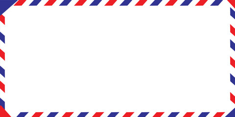 Obraz premium Airmail Envelope frame images with strips. International vintage letter border. Retro air mail postcard with blue and red stripes. Empty classic postal frame. Vector illustration