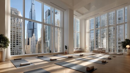 Bright and airy yoga studio with large windows offering panoramic city views, filled with natural sunlight and yoga mats ready for practice