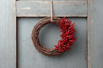 A bright red chili wreath hanging on a door with a rustic wooden frame