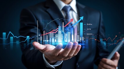 Businessman holding a glowing holographic projection of a futuristic city skyline with financial data charts and graphs overlayed