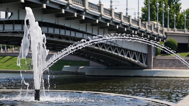 Fountain in front of bridge. Stream flowing through a bridge with a fountain. Architecture and urban park in the city. A fountain located in front of a bridge lifestyle.