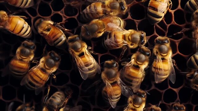 A closeup view of bees on a honeycomb, showcasing their intricate details and vibrant colors. The bees are densely packed together, with some overlapping others.