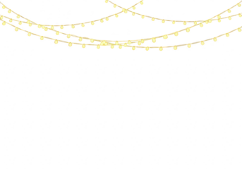 Hanging string lights with warm yellow glow isolated on transparent background