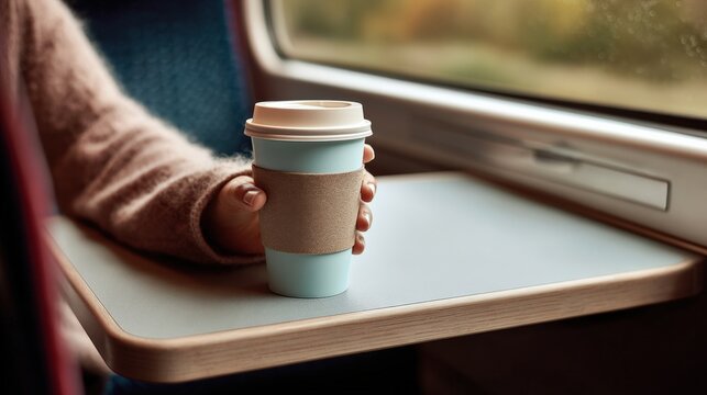 Traveler enjoying coffee in train journey, woman holding a coffee cup with scenic view outside