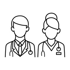 Male and female doctors. Medical team illustration. Vector outline icons on a white background. 
