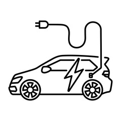 Electric vehicle linear icon. Environmentally clean automobile thin line customizable illustration. Contour symbol. Electric car with charging plug vector isolated outline drawing. Editable stroke