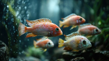 Fototapeta premium A dynamic group of fish swimming together in a large aquarium tank surrounded by beautiful decorations and plants