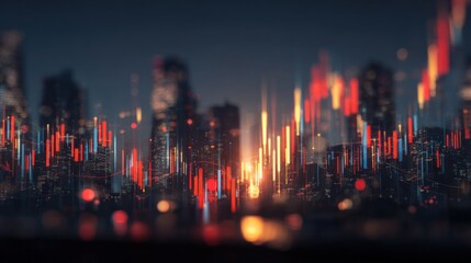 Abstract Financial Chart Overlay on Cityscape at Night: Investment and Market Analysis