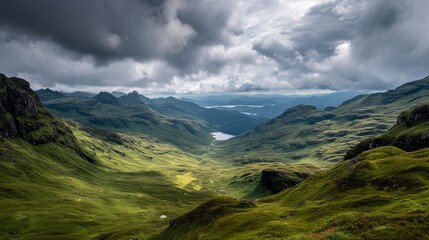 Obraz premium Stunning view of a lush valley under dramatic clouds, showcasing the serene beauty of nature's landscape.