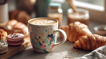 A cozy cup of freshly brewed coffee with an assortment of delectable pastries displayed on a wooden table