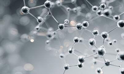 Abstract 3D rendering of a complex metallic molecular structure against a blurred grey background with bokeh highlights
