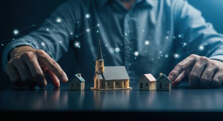 A man connecting miniature and toy houses and a church model with glowing light networks on a table, symbolizing community links.