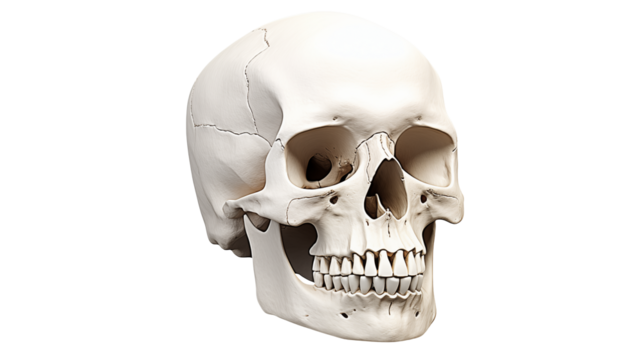 Detailed human skull for medical reference, a striking anatomical study ideal for educational materials, Halloween themes, or artistic interpretations of mortality and anatomy
