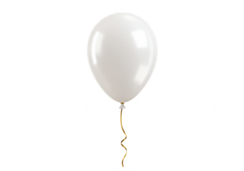Single white balloon with golden ribbon isolated on transparent background