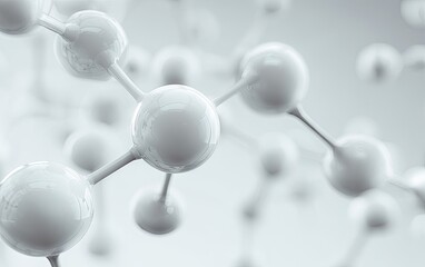 Abstract 3D rendering of a complex molecule structure with gleaming white spheres connected by thin rods against a soft gray background, suggesting scientific or technological concepts