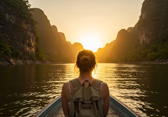 A Traveler's Serene Journey into a Golden Sunset Between Karst Mountains