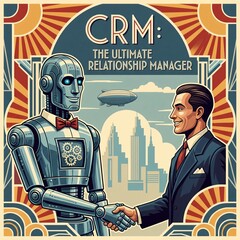 Retro-Futuristic Illustration of a Robot and a Businessman Shaking Hands, Representing CRM as The Ultimate Relationship Manager in an Art Deco Style Cityscape