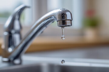 Close-up of a Leaky Chrome Faucet with Water Droplets Illustrating Water Conservation and Plumbing Issues