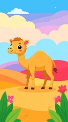 Cute cartoon camel in desert landscape