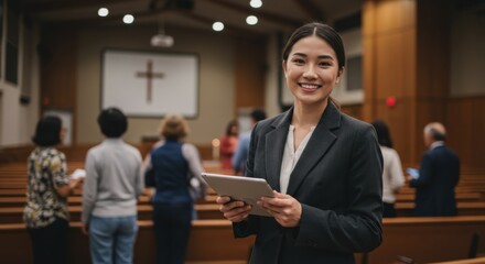 Young asian woman smiles holding digital tablet in a church with people in background, modern christianity