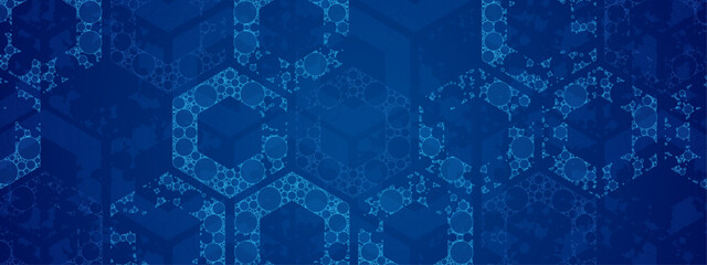 Neon blue glowing hexagon frame with chaotic circular lace elements. Abstract geometric vector mesh background for posters, banners, covers, flyers, and modern digital design compositions