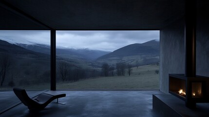 Modern minimalist mountain home interior.  Vast panoramic windows showcase a tranquil mountain vista