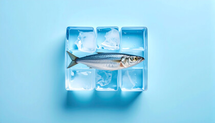 Fresh Mackerel Fish in Ice Cube Grid, Cool Blue Tones, Minimalist Food Photography.
