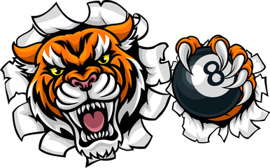 Tiger Angry Pool 8 Ball Billiards Mascot Cartoon