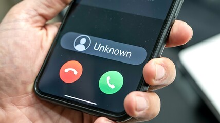 Close up of a hand holding a smartphone displaying an incoming call from an unknown number with answer and decline buttons