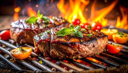 Juicy steaks cooking over hot coals on a grill.