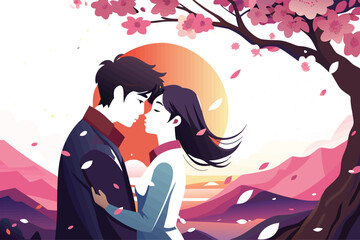 Hand in hand beneath cherry blossoms, a couple strolls into the sunset