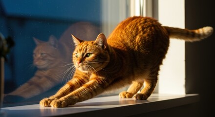 Ginger Tabby Cat Stretching Gracefully in Warm Golden Sunlight by a Window
