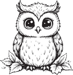 Cute Owl with big eyes: A charming illustration of an owl with endearing big eyes sits amongst leaves in a delightful, minimalist design perfect for any use.