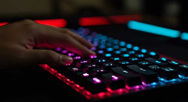 Gamer's hand on a vibrant RGB keyboard with red, blue, and purple neon lights.