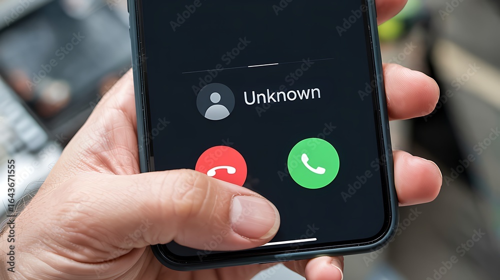 Wall mural hand holding a smartphone displaying an incoming call screen with the caller id labeled as unknown a