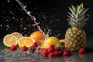 Pineapple, Citrus, and Raspberry Splash – Vibrant Fresh Fruits with Water Burst on Dark Background
