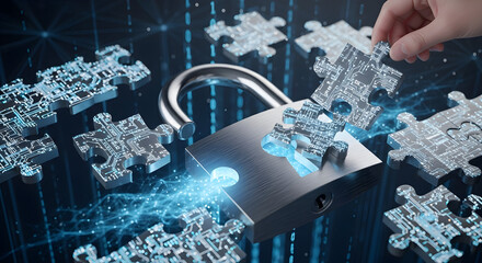 Cybersecurity concept featuring a digital padlock with puzzle pieces, illustrating data protection and network security for business and technology solutions
