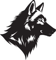 Silent Sentinel: A stoic silhouette of a wolf's head, embodying the spirit of the wild, sharply contrasted in a stark black and white composition, revealing the animal's fierce gaze.