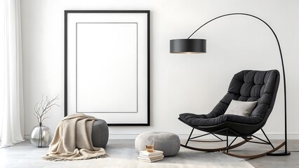 Modern living room with black rocking chair and arc lamp