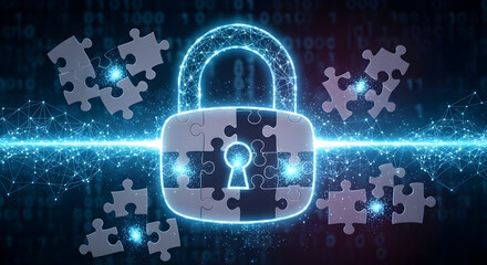 Cybersecurity concept with glowing padlock puzzle symbolizing data protection, digital security, and network privacy in a modern technology environment