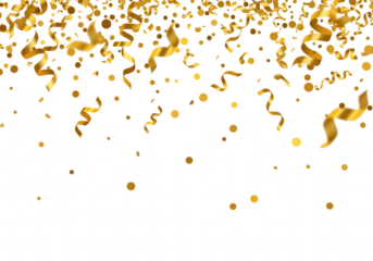 Golden confetti and streamers falling isolated on transparent background