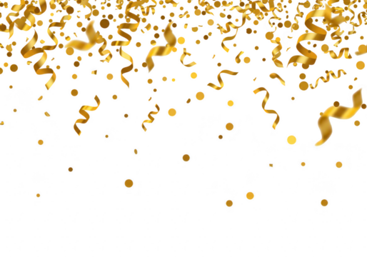Golden confetti and streamers falling isolated on transparent background